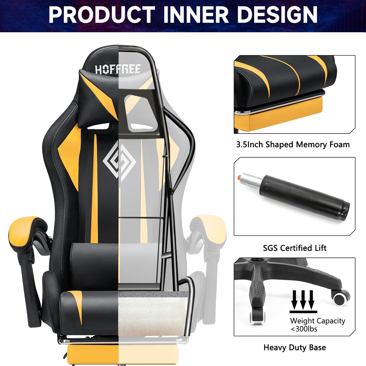 HOFFREE Gaming Chair Massage with Bluetooth Speakers Ergonomic Computer Gaming Chair with LED RGB Lights Footrest High Back Music Video Game Chair with Lumbar Support Yellow and Black HOFFREE