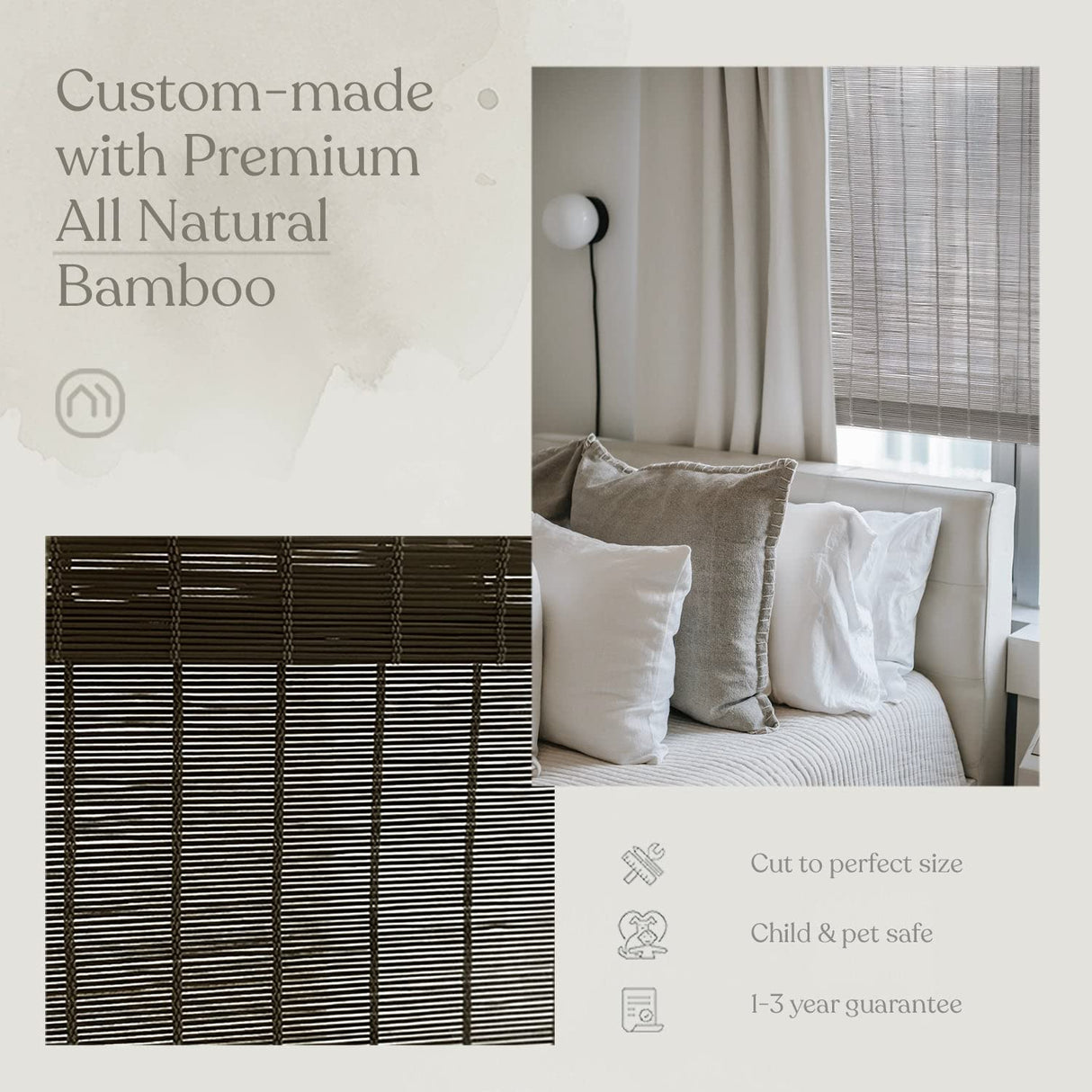 MOOD Custom Bamboo Shades | Modern | Cordless Bamboo Roman Shades for Windows and Doors (Natural Woven) | Modern Light Grey (Sheer) | 26" W X 72" H Mood