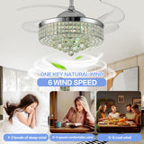 Zynfandor 48" Bluetooth Ceiling Fan with Light and Speaker,RGB Retractable Blades Crystal Fandelier Music Player LED Chandelier 6-Speed APP Control Timer Remote Control for Bedroom Silver Zynfandor