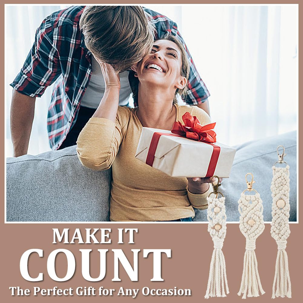 INFUNLY 6PCS Boho White Macrame Keychain Kit Adult DIY Keychain Making Kit Wood Beaded Keychains with Tassel Key Ring for Women for Key Handbags Backpacks Instructions Include INFUNLY