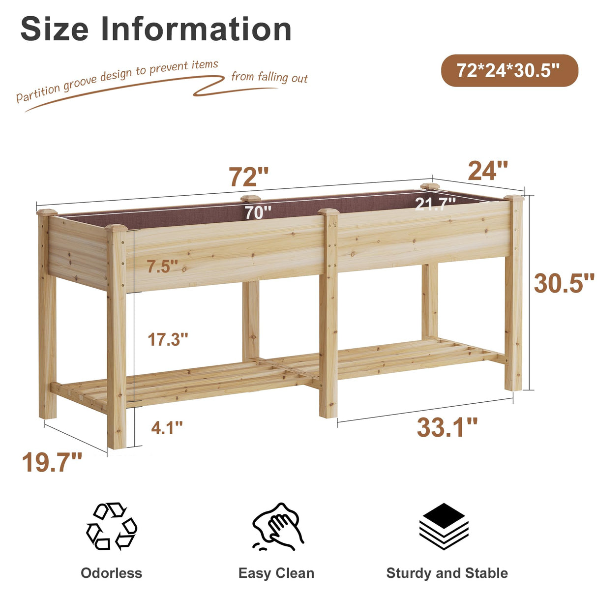 FILWH Raised Garden Bed with Legs Elevated Wooden Planter Box Stand Large Planter Stand Box for Fruits Vegetables Flowers with Divider with Bag - 72 * 24 * 30.5IN FILWH