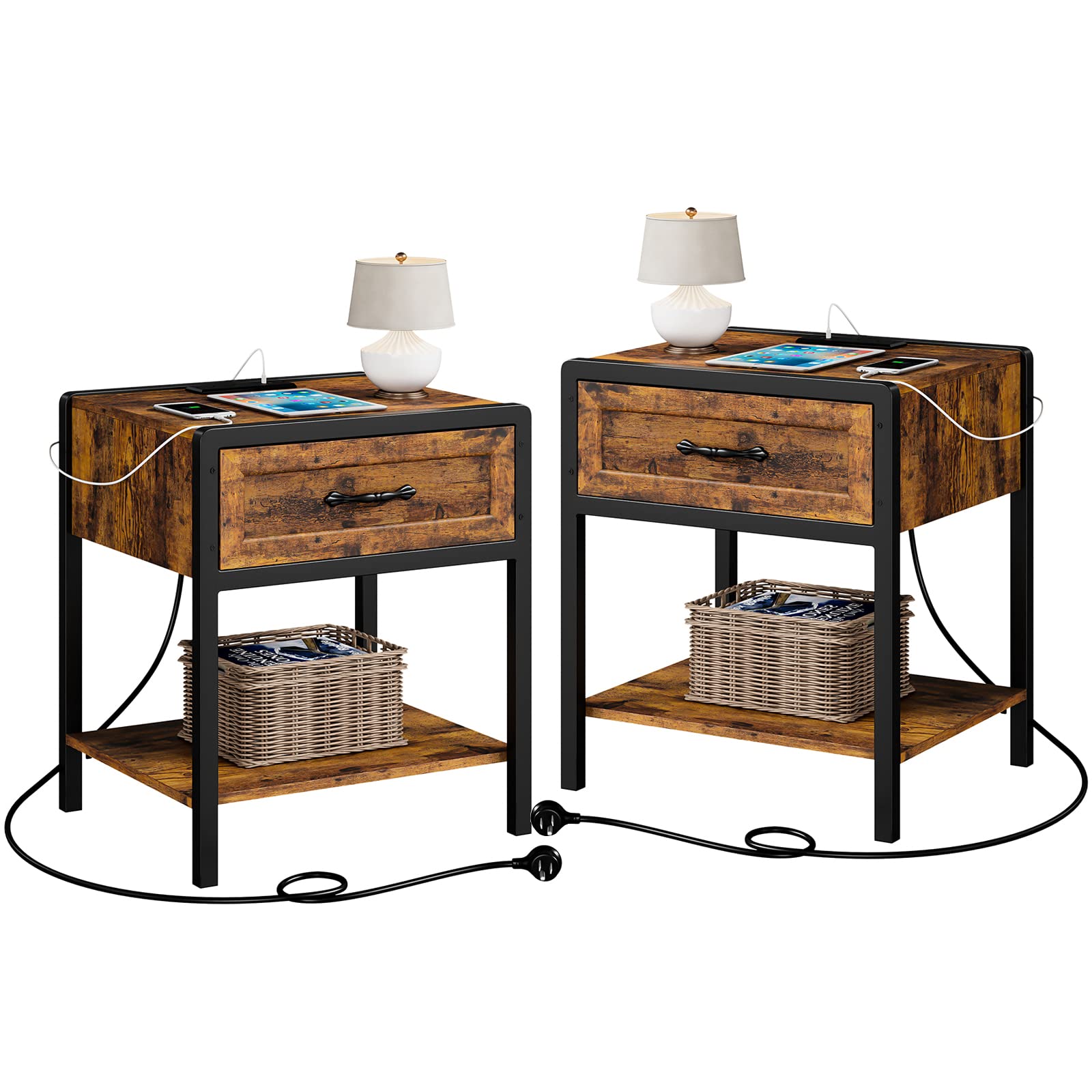 IDEALHOUSE Retro Queen 3-Piece Bedroom Set with Nightstands and Charging Station - WoodArtSupply