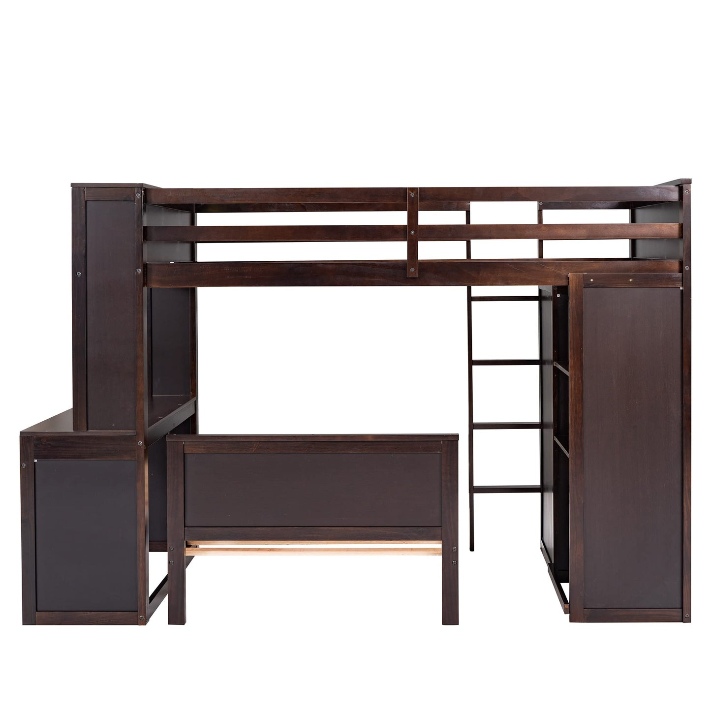 Twin Over Twin Bunk Bed with Storage, Solid Wood Bunk Bed with Shelves, Desk and Wardrobe, Twin Size Loft Bed with a Stand-Alone Bed for Kids Teens Adults (Espresso)