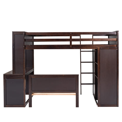 Twin Over Twin Bunk Bed with Storage, Solid Wood Bunk Bed with Shelves, Desk and Wardrobe, Twin Size Loft Bed with a Stand-Alone Bed for Kids Teens Adults (Espresso)