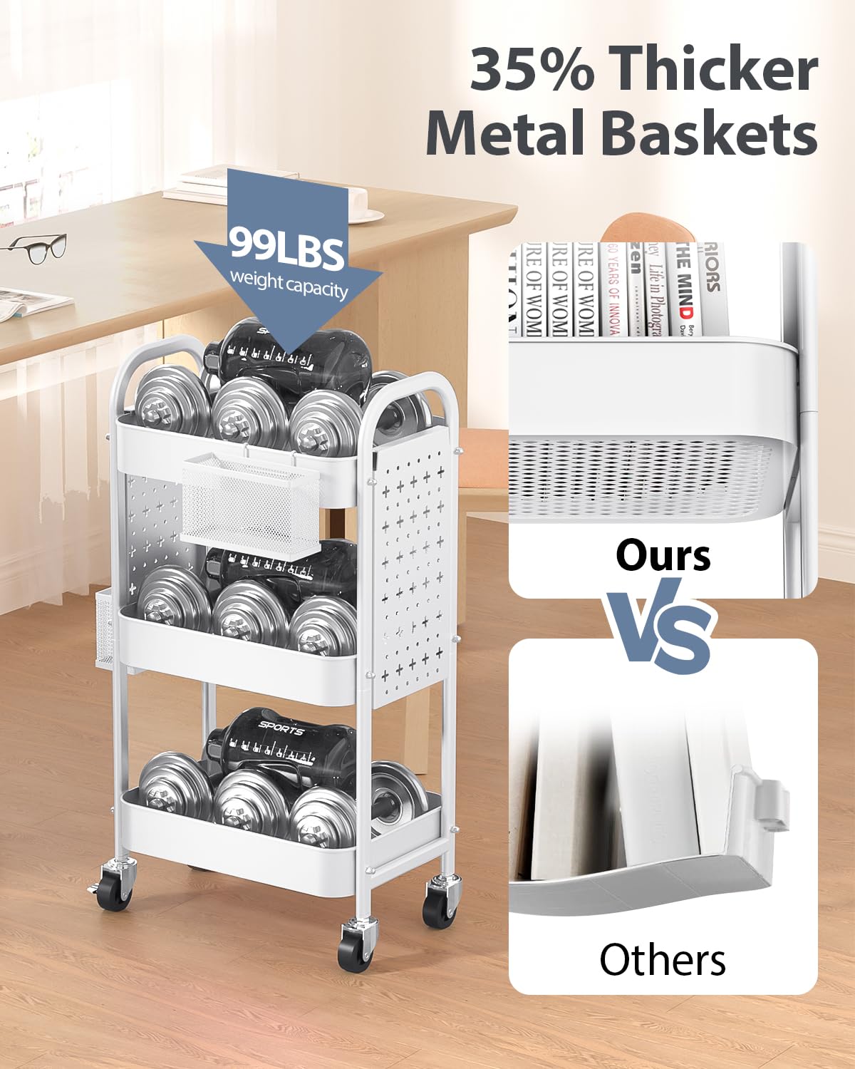 ALVOROG 3 Tier Rolling Cart with DIY Pegboards Metal Utility Cart with Wheels Handles Baskets Hooks, Storage Cart for Office Kitchen Bathroom(White) ALVOROG