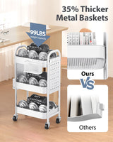 ALVOROG 3 Tier Rolling Cart with DIY Pegboards Metal Utility Cart with Wheels Handles Baskets Hooks, Storage Cart for Office Kitchen Bathroom(White) ALVOROG