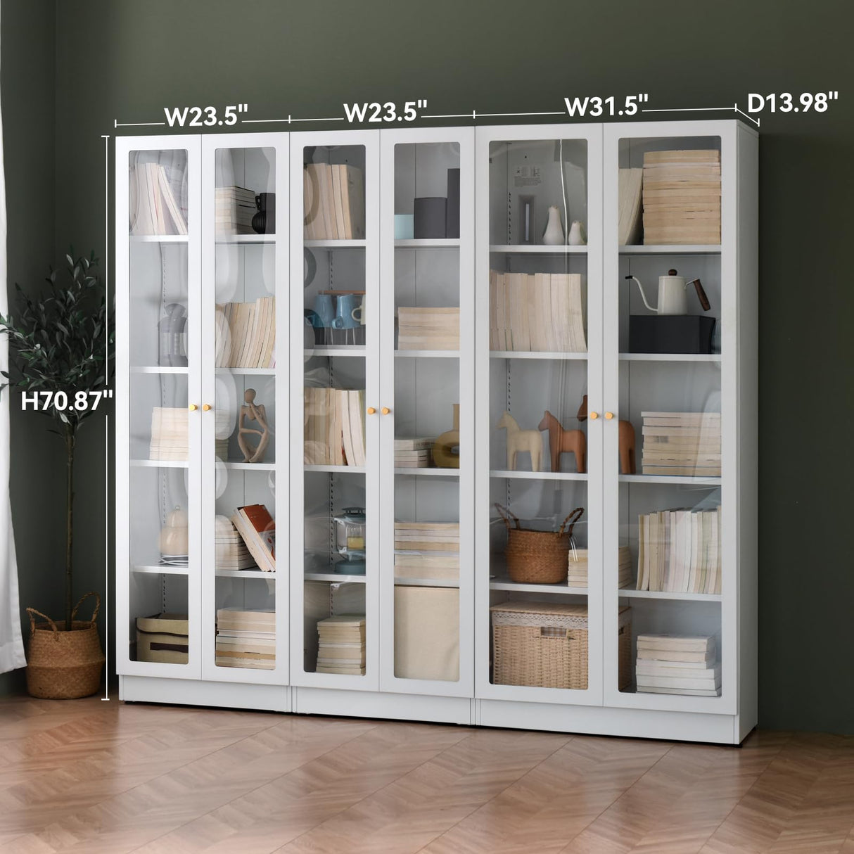 Metal Storage Cabinet with Doors, Tall Bookcase with 4 Adjustable Shelves, 70.87" Cabinet Display Case for Collectibles, White Bookshelf for Home Office, Living Room, Library Generic