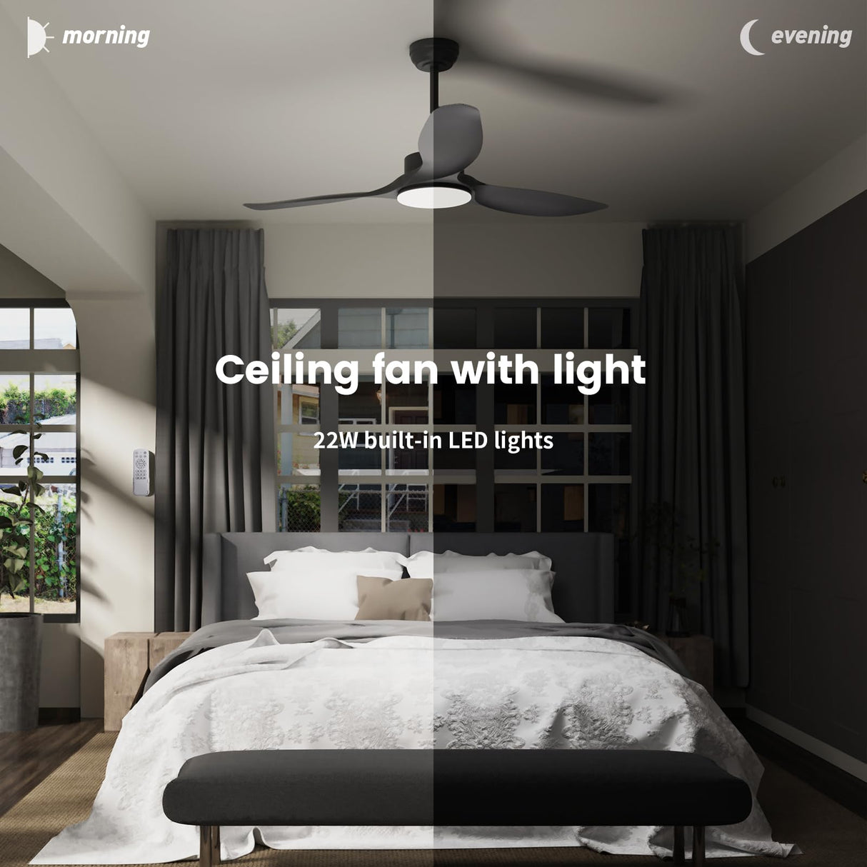 Wozzio 52'' Ceiling Fans with Lights Remote Control,Black Modern Ceiling Fan 3CCT 22W Dimmable LED Light,3 Reversible Blades,6 Speed Ceiling Fan for Bedroom Livingroom Home Office Wozzio