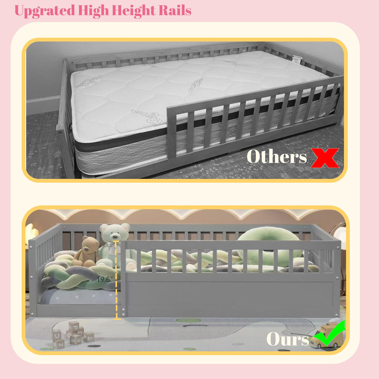 Floor Bed for Kids, Twin Size Montessori Bed with High Fence Railings, Wood Playhouse Bed with Rails for Baby Boys Girls Teens, No Slats Included, Gray Mirightone