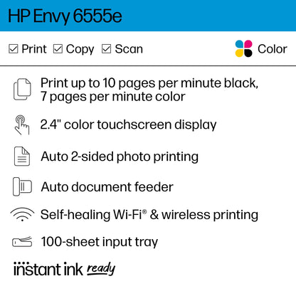 HP Envy 6555e Wireless All-in-One Color Inkjet Printer, Print, scan, Copy, Duplex Printing Best-for-Home, 3 Months of Instant Ink Included (714N5A)