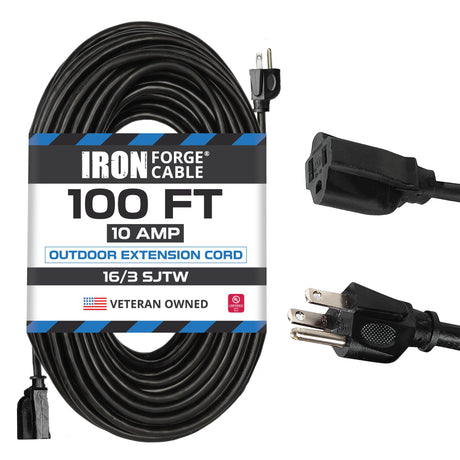 Iron Forge Cable Weatherproof Outdoor Extension Cord 100 ft, 16 Gauge Black Extension Cord 3 Prong for Outside, SJTW Exterior Power Cable for Outdoor Lights, Lawn & Landscaping - US Veteran Owned IRON FORGE CABLE