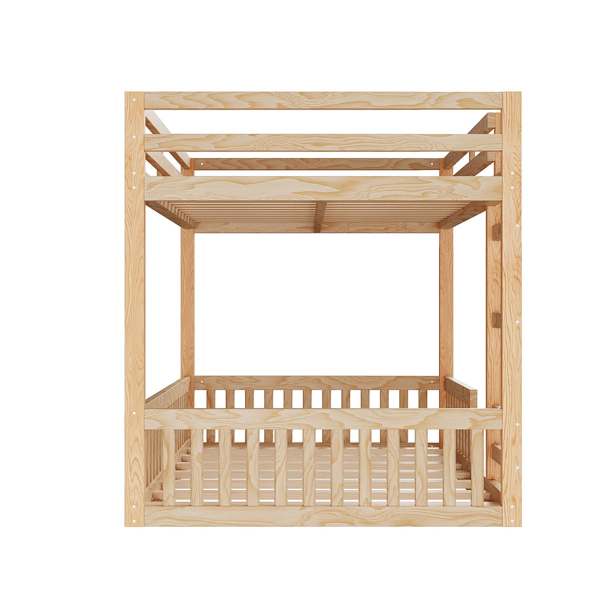 Full Over Full Bunk Bed with Ladders Wood Bunk Beds with Full-Length Guardrails Floor Bunk Bed Frame for Kids, Boys, Girls, No Spring Box Needed, Natural Bellemave