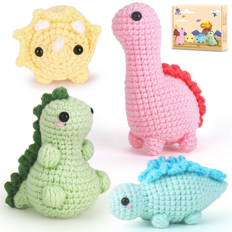 Crochet Kit for Beginners, Beginner Crochet Kit for Adults with Step-by-Step Video Tutorials, DIY Crochet Animal Kits Kids Knitting Supplies, 4 Pack Dinosaurs (40%+ Yarn) Crochetta