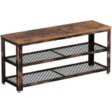 Rolanstar Shoe Bench, 3-Tier Shoe Rack, 39.4” Storage Entry Bench with Mesh Shelves Wood Seat, Rustic Foyer Bench for Hallway Front Door, Doorway, Living Room, Mudroom, Steel Frame, Rustic Brown Rolanstar
