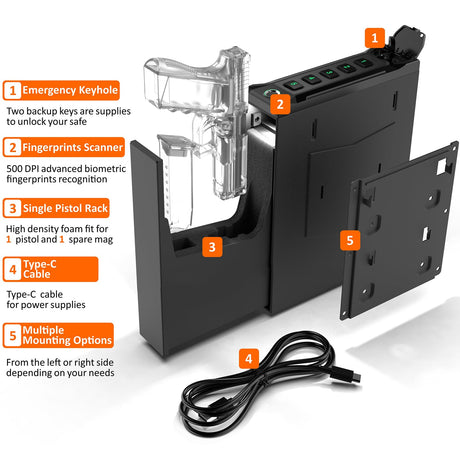 Z ZLJUAN Mounted Gun Safe for Pistols,Quick-Access Auto-Open Sliding Door Handgun Safe for Nightstand Wall Mount Bedside Desk Bed Gun Safes, Pistol Safe w/Biometric Fingerprint,Keypad Lock,Key Z ZLJUAN