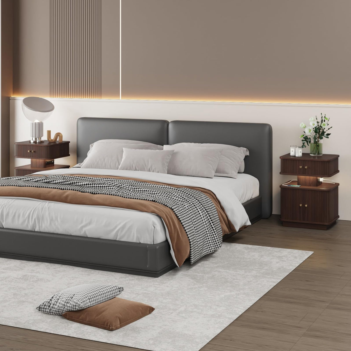 Night Stand Set of 2, LED Nightstand, Bedroom Night Stand with Charging Station, 2 Drawer Nightstand, Modern Nightstands with Curvy Edge and Sliding Door, Bedside Table for Bedroom, Walnut AKMAKM