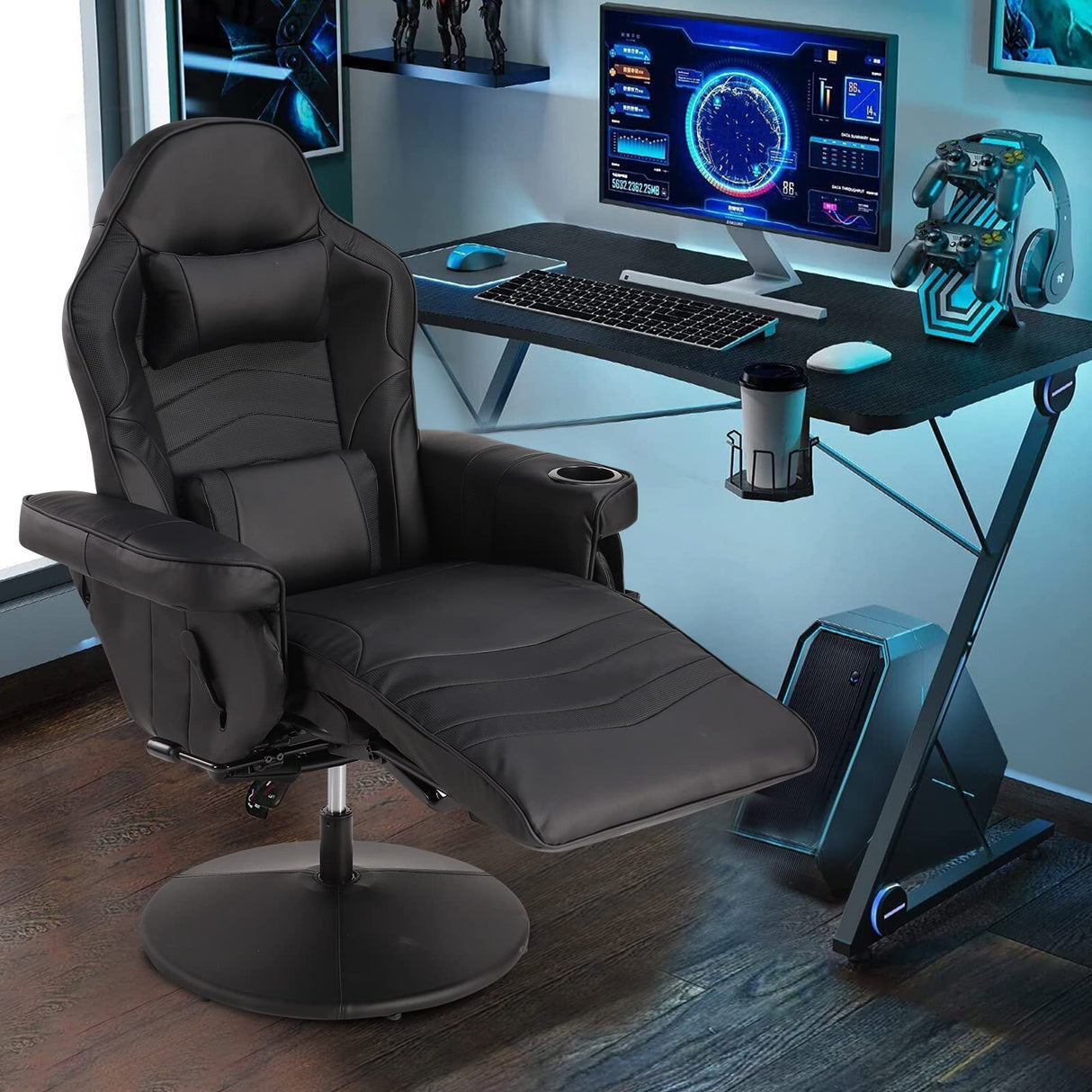 Consofa Gaming Chair, Reclining Gaming Chair with Footrest, PU Leather Massage Video Gaming Recliner Chair w/Adjustable Height, Swivel Gaming Chair with Lumbar Support, Side Pouch (Black) Consofa