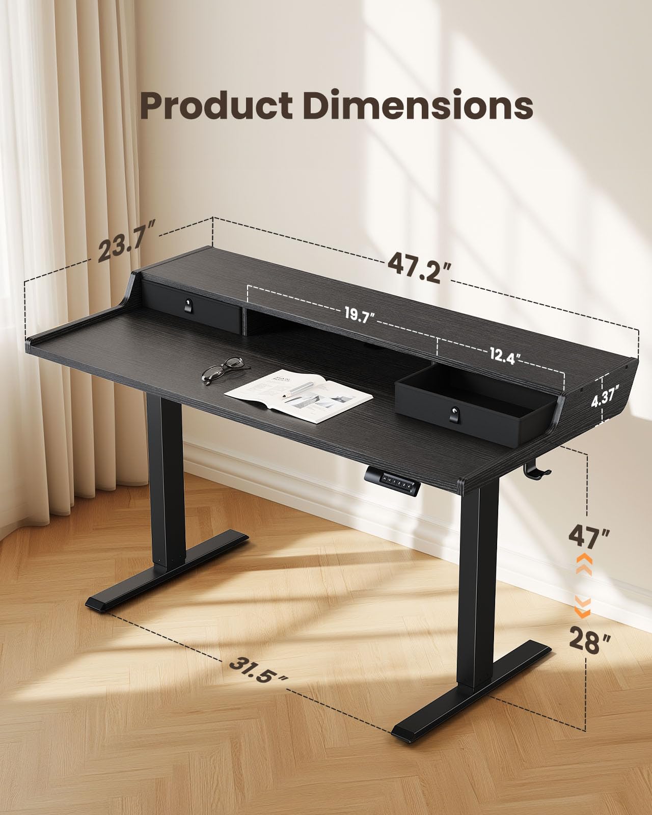 ErGear Electric Standing Desk with Drawers, 48″ x 24″ Gaming Desk with Monitor Stand, C-Clamp Mount Compatible, Home Office Height-Adjustable Desk with Storage Shelf, 4 Preset Heights, Black, - WoodArtSupply