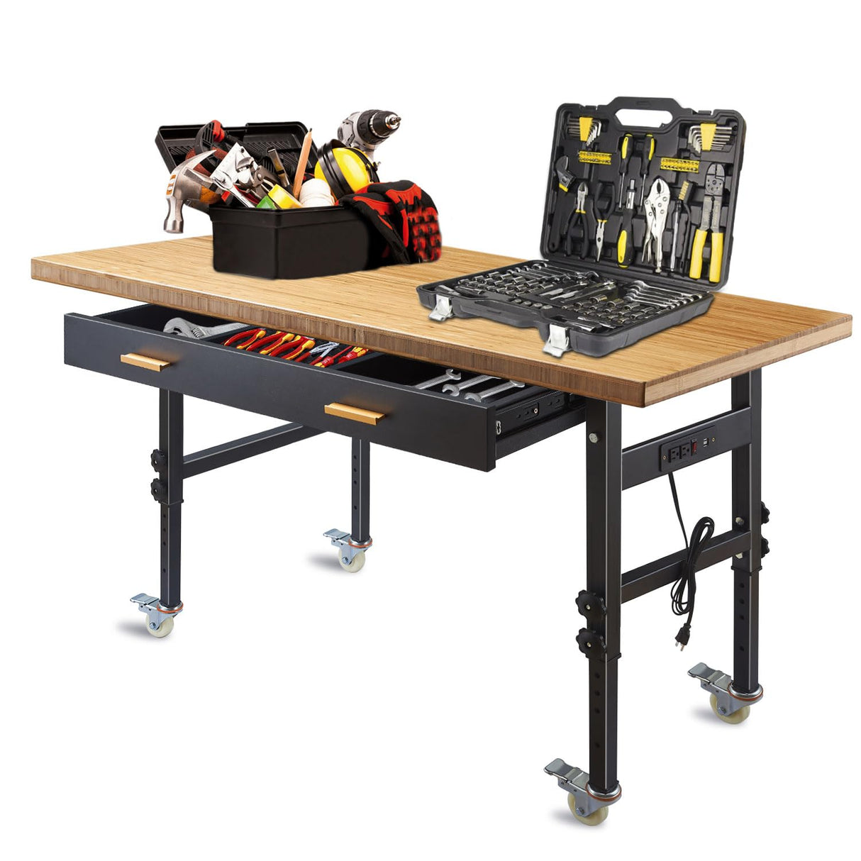 60" Adjustable Work Bench with Drawer Storage, Power Outlet, and Wheels - Heavy Duty Work Table for Home, Garage, and Office - Sturdy Steel Frame with Solid Bamboo Table Top - 2700 lbs Capacity HONRISE