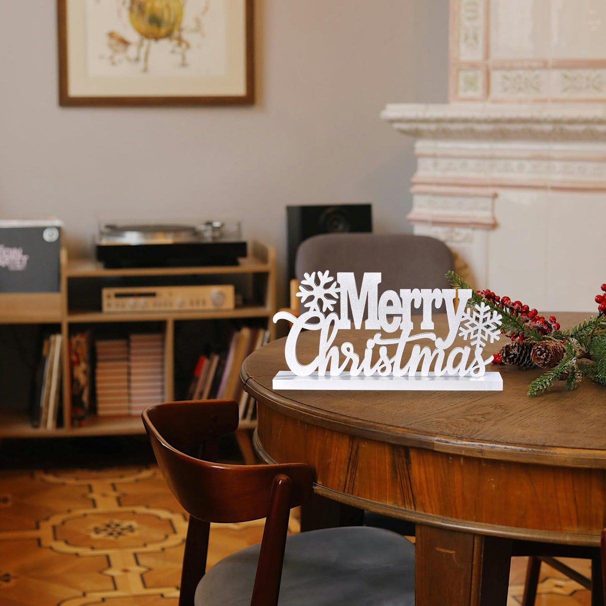 Wooden Merry Christmas Tabletop Decor, Elegant Merry Christmas Wood Cutout with Glitter, Wooden Christmas Table Sign, Christmas Centerpiece for Xmas Party Decor for Table Tiered Tray Mantel (White) IDATOO