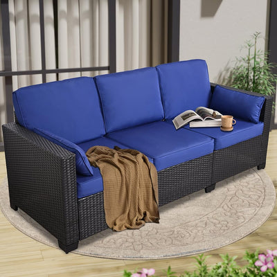 HISUKOY Outdoor Couch Wicker Patio Sofa, 3-Seat Sofa Patio Furniture Couch Outdoor Patio Sofa Seating Furniture for Garden,Backyard,Porch, Black-Blue