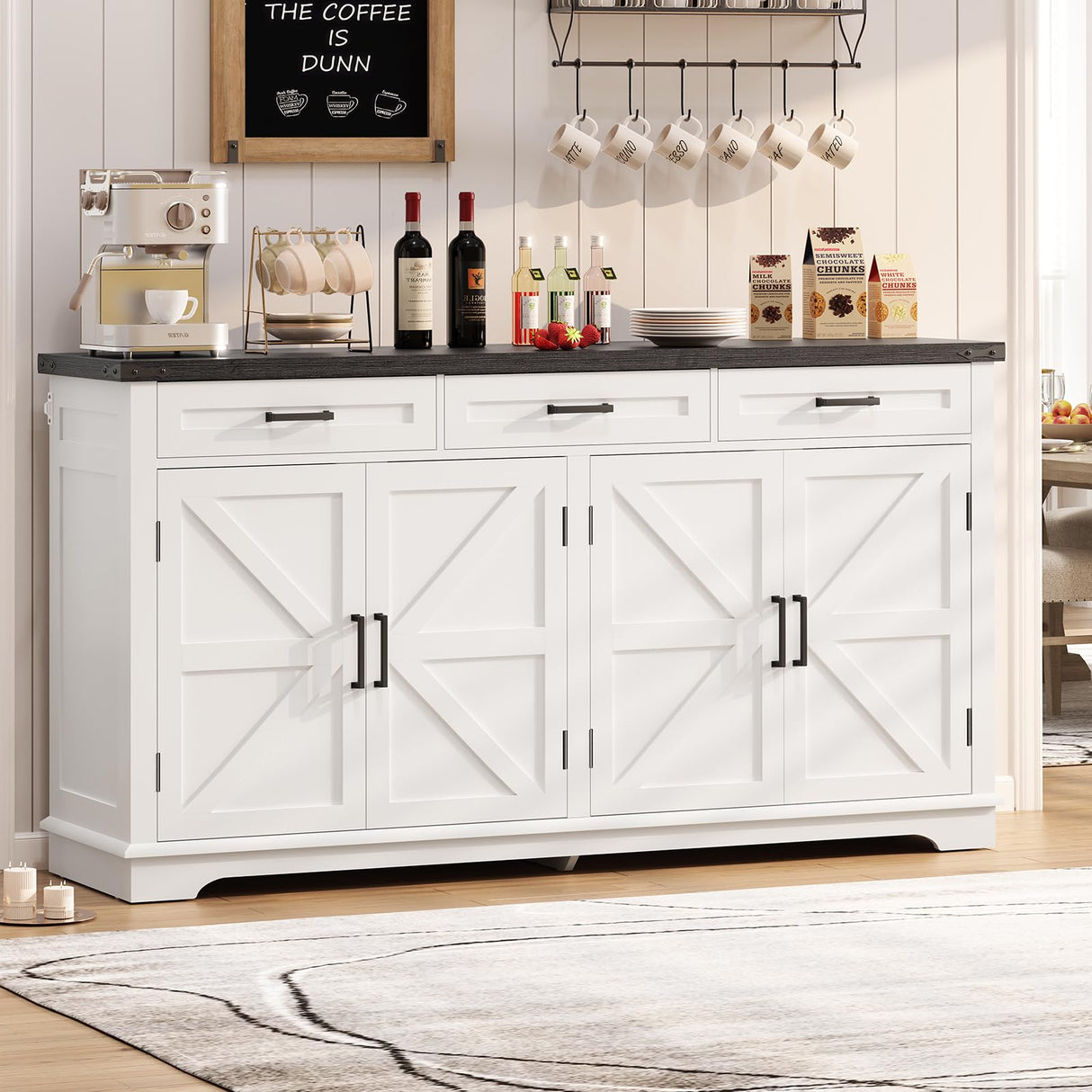 usikey 55”W Buffet Cabinet with 3 Large Drawers & 2 Adjustable Shelves, Farmhouse Sideboard Cabinet, Farmhouse Credenza, Coffee Bar for Dinging Room, Living Room, White usikey