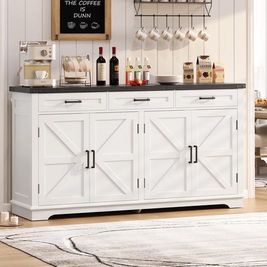 usikey 55”W Buffet Cabinet with 3 Large Drawers & 2 Adjustable Shelves, Farmhouse Sideboard Cabinet, Farmhouse Credenza, Coffee Bar for Dinging Room, Living Room, White