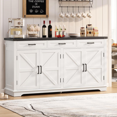 usikey 55”W Buffet Cabinet with 3 Large Drawers & 2 Adjustable Shelves, Farmhouse Sideboard Cabinet, Farmhouse Credenza, Coffee Bar for Dinging Room, Living Room, White