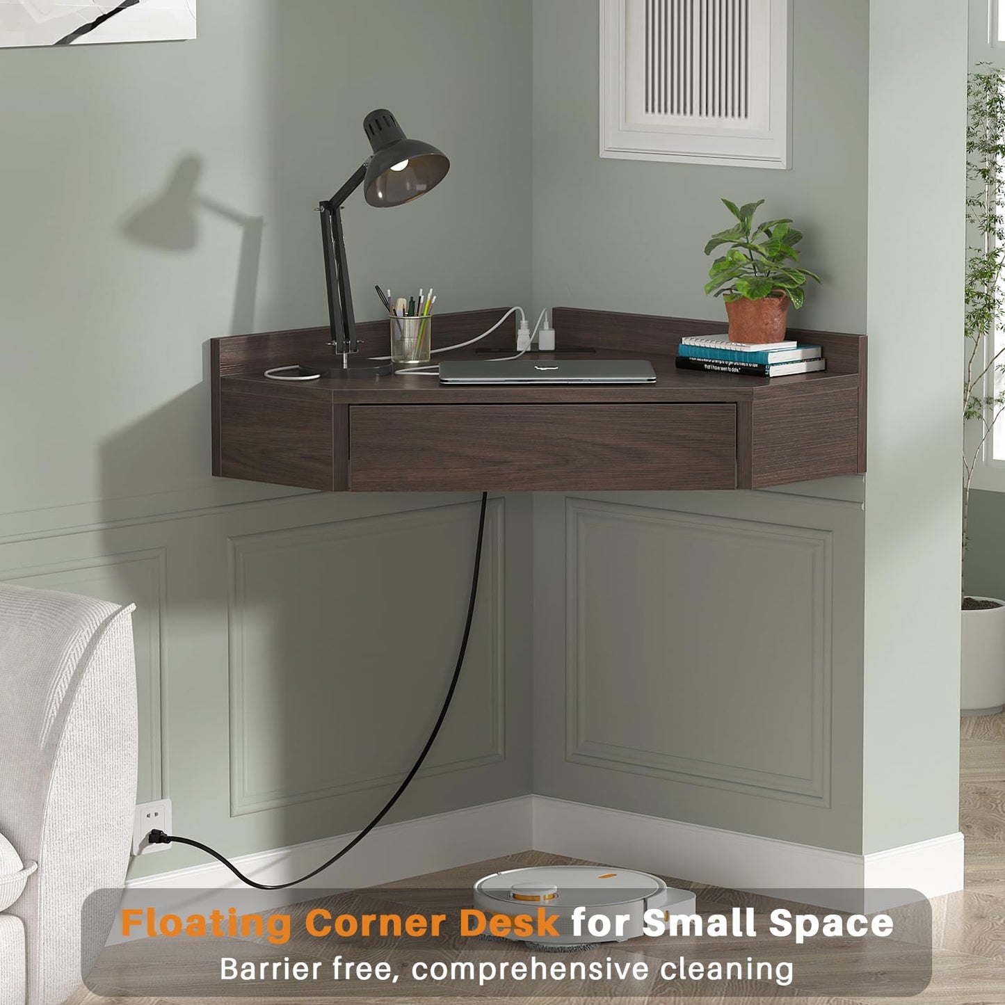 armocity Floating Corner Desk with Outlets & USB Ports, Wall-Mounted Corner Table for Small Space, Triangle Computer Desk with Drawer for Home Office, Vanity Desk, Corner Space, Bedroom, Espresso