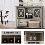 IDEALHOUSE Buffet Storage Cabinet Farmhouse Wine Cabinet Coffee Bar Table with Wine Glass Rack and Storage, Wood Buffets and Sideboards with Barn Mesh Door for Kitchen, Dining, Living Room, Grey IDEALHOUSE