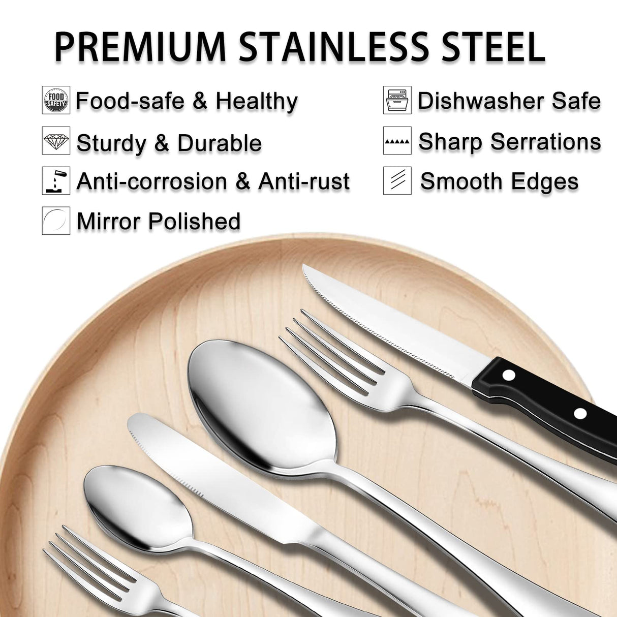 49-Piece Stainless Steel Silverware Set with Cutlery Organizer, Service for 8 with Steak Knives and Kitchen Utensils JUNLIN