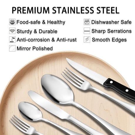 49-Piece Stainless Steel Silverware Set with Cutlery Organizer, Service for 8 with Steak Knives and Kitchen Utensils JUNLIN