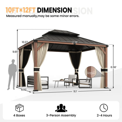 Amopatio 10' X 12' Wood Gazebo, Hardtop Gazebos with Galvanized Steel Double Roof, Metal Outdoor Permanent Aluminum Gazebo for Patio Deck Backyard - WoodArtSupply