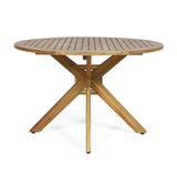 Christopher Knight Home Stamford Outdoor Wicker Dining Set with Acacia Wood Circular Table and Water Resistant Cushions, 5-Pcs Set, Teak Finish / Brown / Crème Cushion Christopher Knight Home