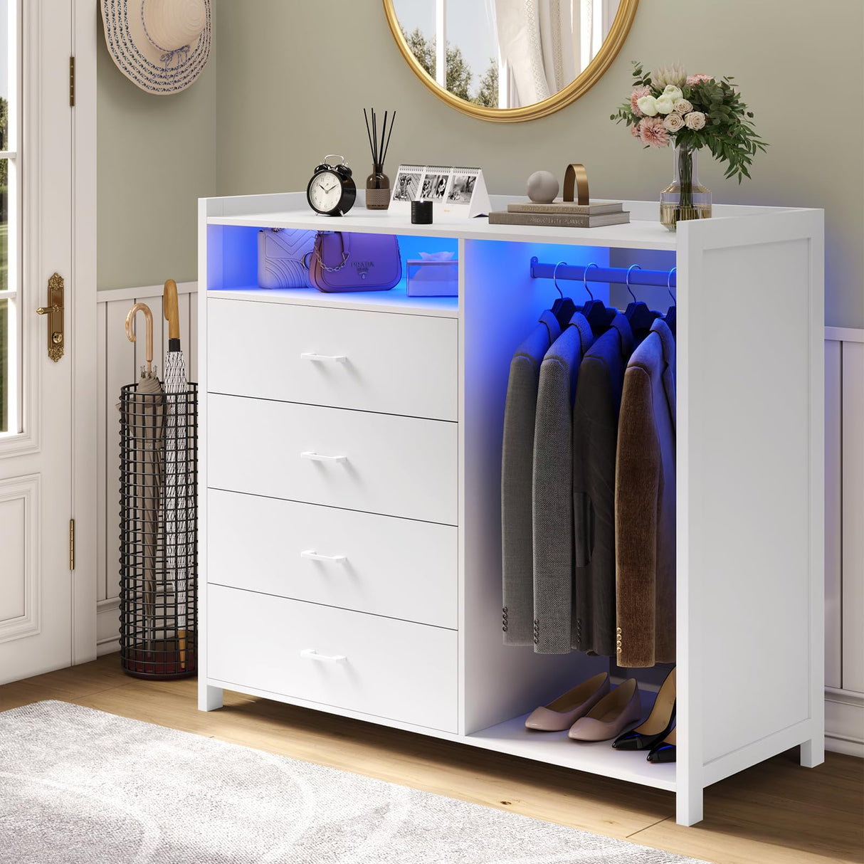 VIAGDO Dresser for Bedroom with Clothes Rail, Chest of 4 Drawers with LED Lights, Modern White Dresser with Open Storage Space for Bedroom Entryway, Large Capacity VIAGDO