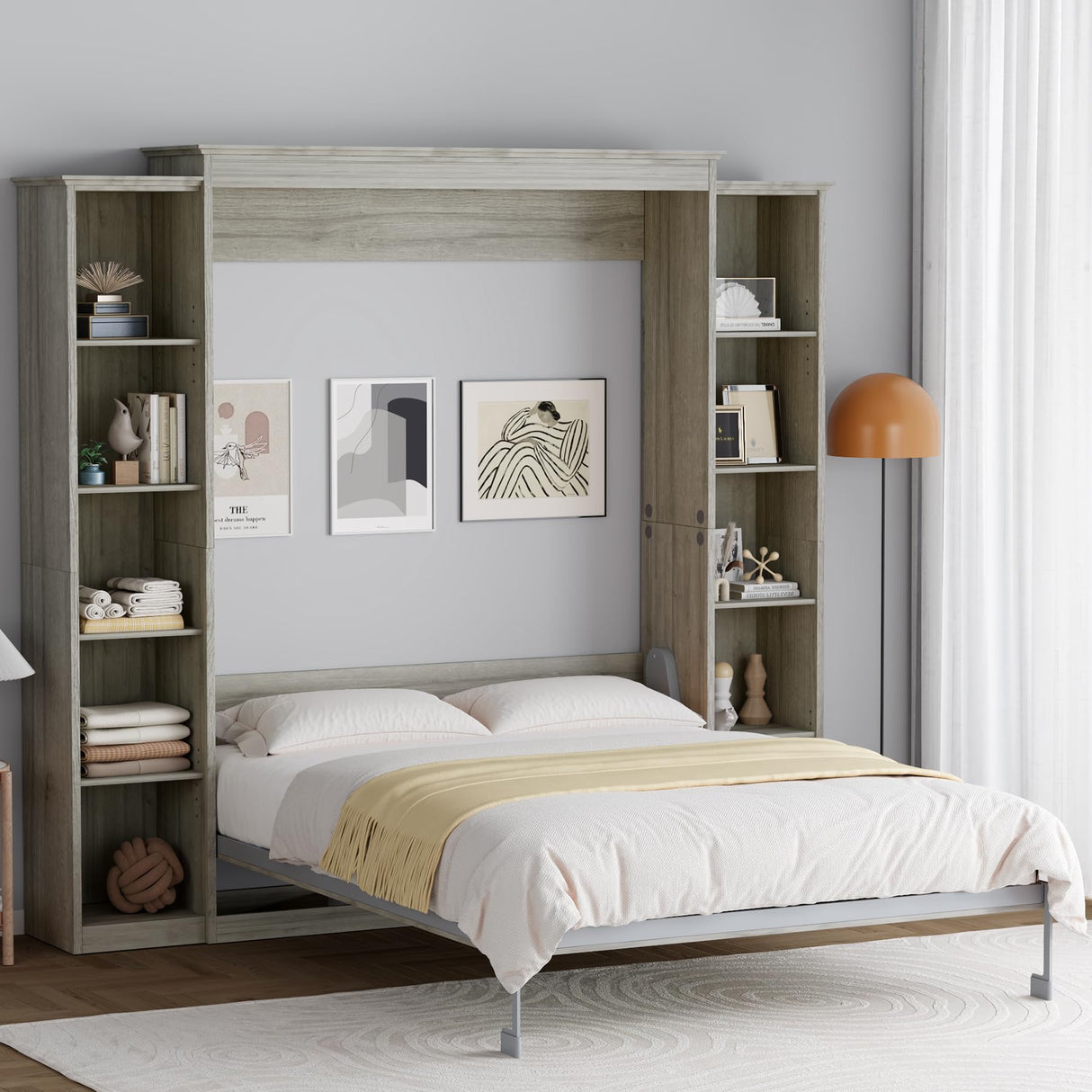 Rophefx Queen Murphy Bed Cabinet with 5-Tier Adjustable Storage Shelves, Queen Wall Bed Cabinet Bed, Wood Space Saving Beds, Foldable Platform Beds, Hidden Bedframe for Guest Room, Bedroom,Grey Rophefx