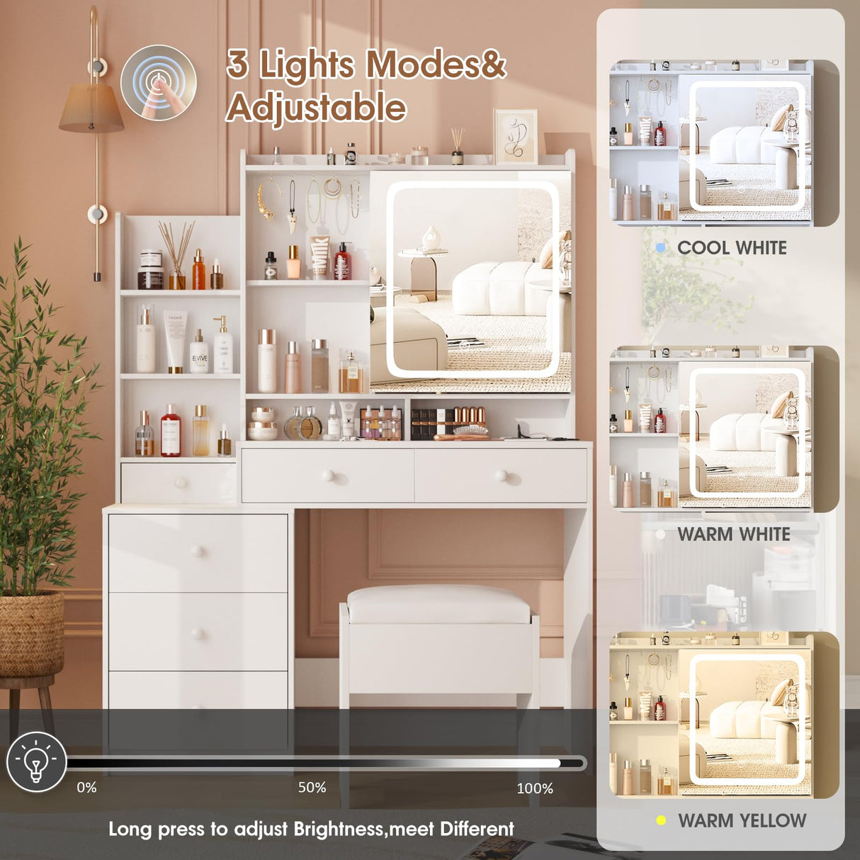 Vabches Vanity Makeup Mirror Desk with Stool,Makeup Vanity Set with 6 Drawers and Shelves,Vanity Table with Power Strip,Vanity Mirror 3 Lighting Color Adjustable,White Vabches