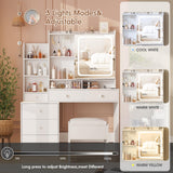 Vabches Vanity Makeup Mirror Desk with Stool,Makeup Vanity Set with 6 Drawers and Shelves,Vanity Table with Power Strip,Vanity Mirror 3 Lighting Color Adjustable,White Vabches