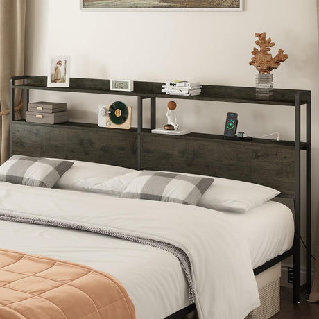 METYERRY Headboard for King Size Bed Frame with Storage, Height Adjustable, Headboards with Outlets, USB Ports, Type-C, LED Light, Sturdy and Stable Headboard, Black Oak,Bed Frame NOT Included METYERRY