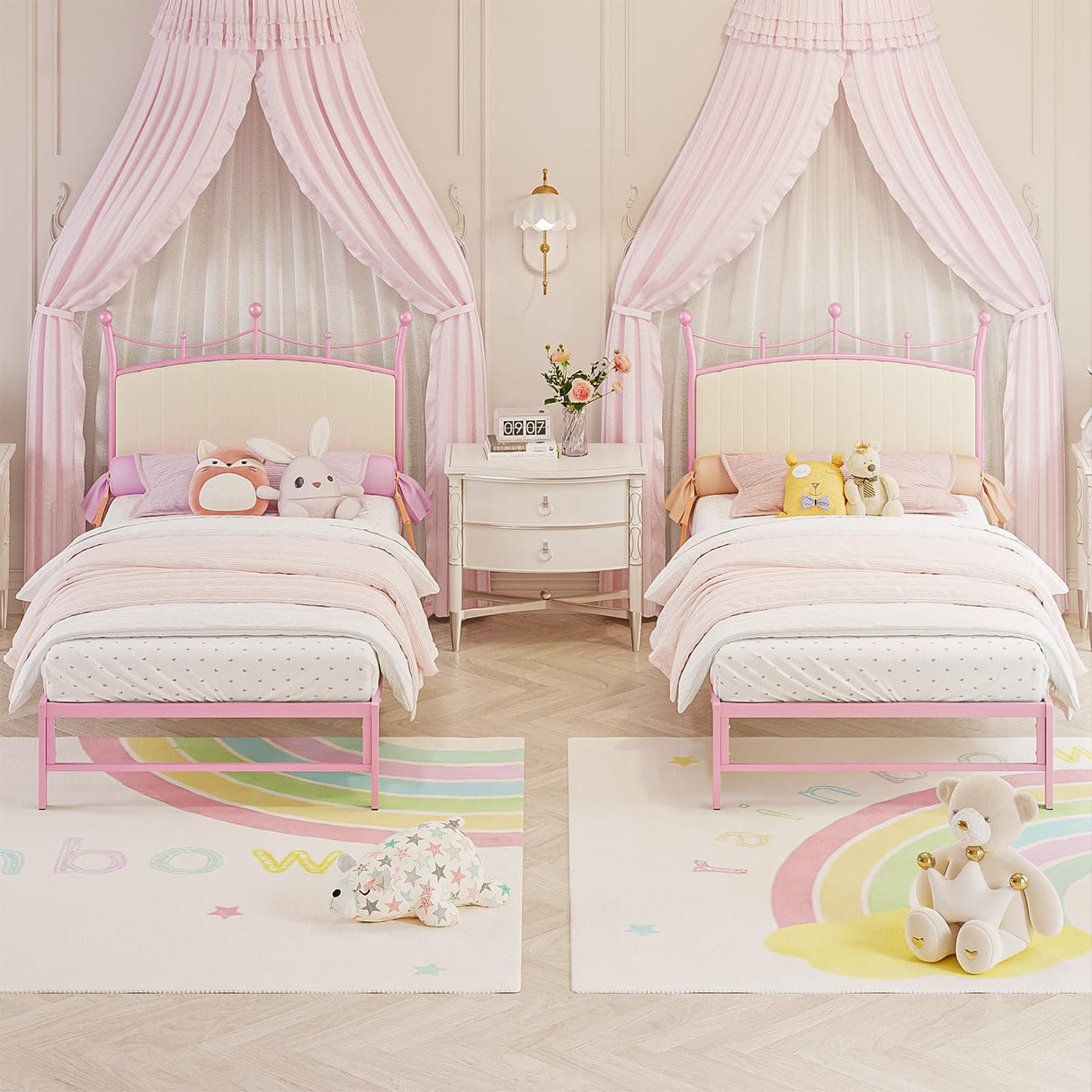 Weehom Twin Upholstered Bed Frame with Headboard, Velvet Bed Frame Metal Platform No Box Spring Needed Easy Assembly Twin Bed for Kids Adults Pink Weehom