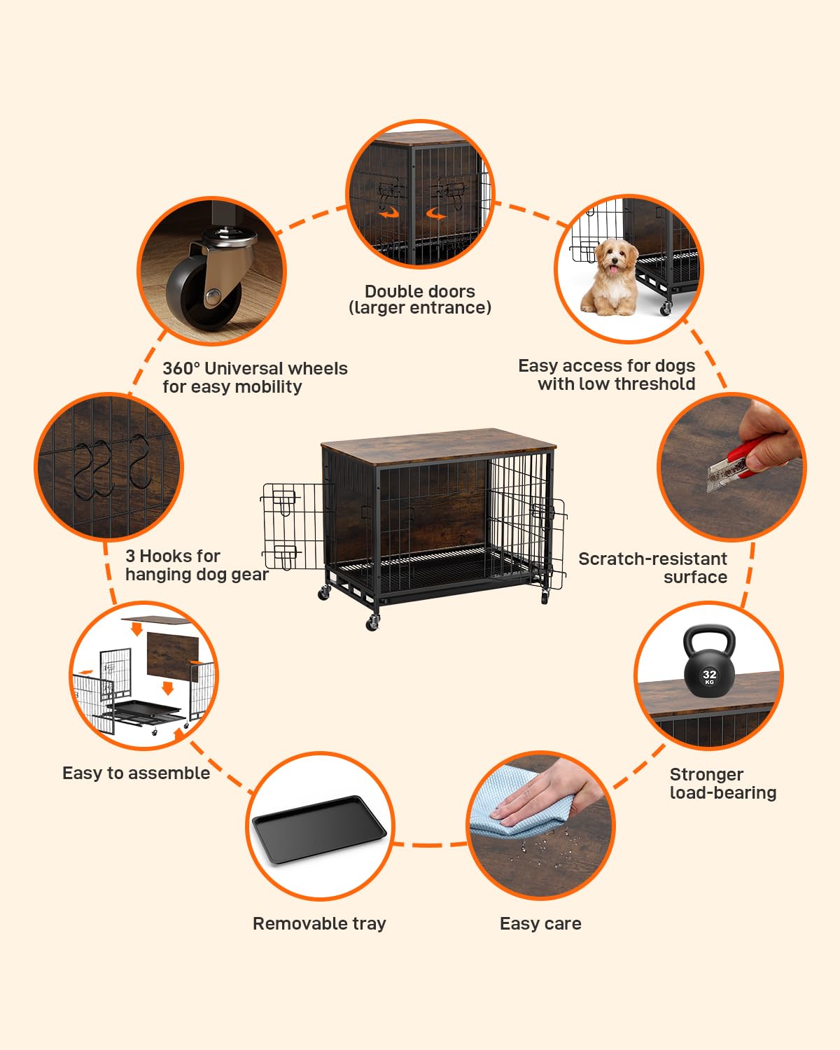 Dog Crate Furniture, 2024 New Furniture Style Dog Crate with Removable Tray and Wheels, Heavy-Duty Double-Doors Dog Cage End Table, 32.5" Wooden Dog Kennel, Indoor Dog House for Large Dogs, Brown GAOMON