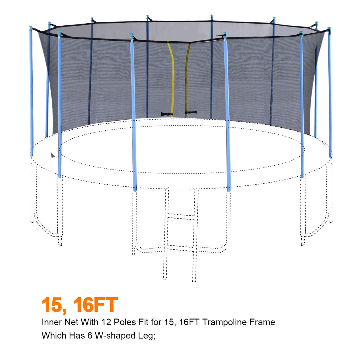Exacme Enclosure Set Inner Safety Net with 12 Poles for 16 Foot C-Series Trampoline Exacme