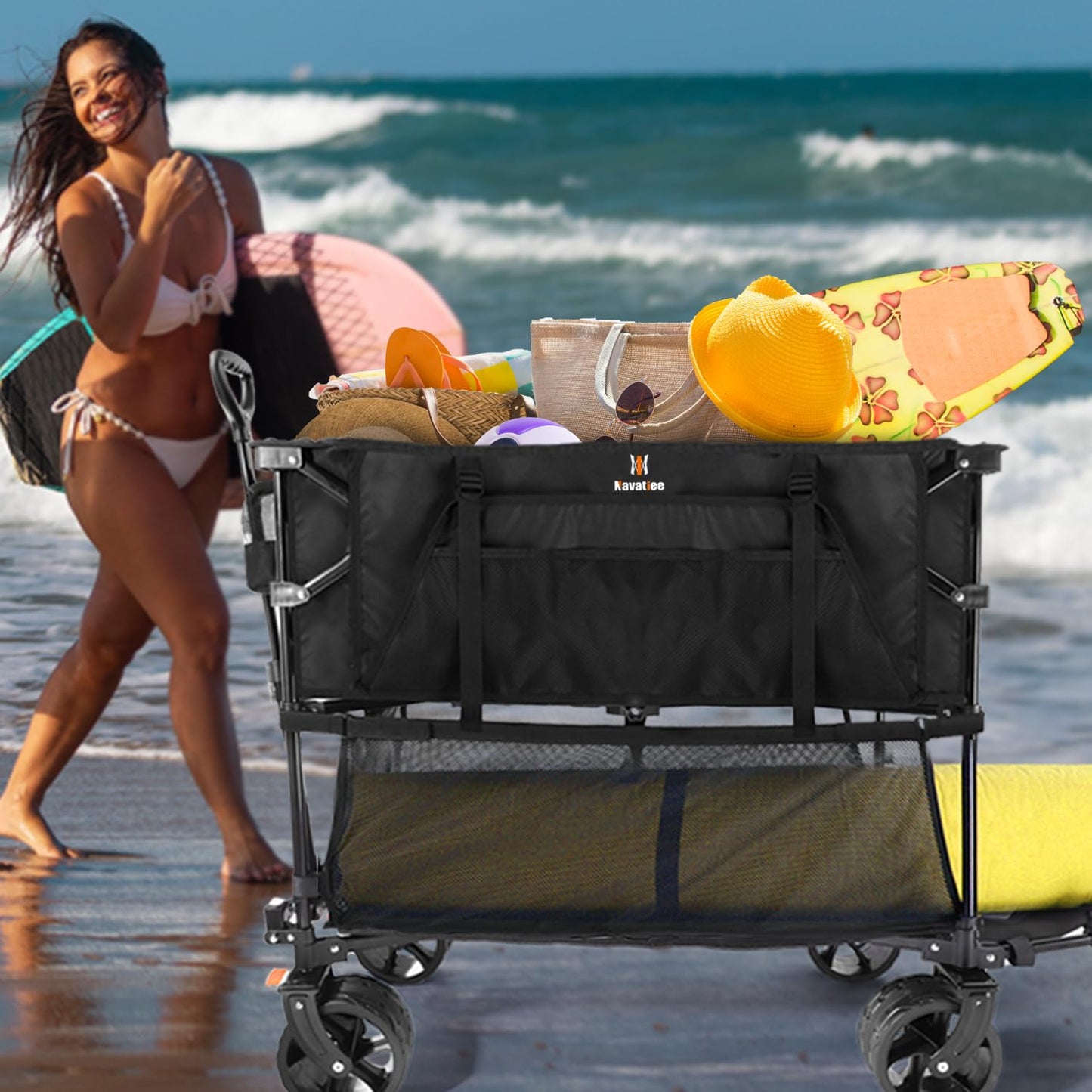 Navatiee Double Decker Foldable Beach Wagon, Collapsible Heavy Duty All-Terrain Beach Cart with Big Wheels for Sand, 50" L Utility Extra Long Extender Wagon for Beach, Sports, Camping, Outdoors