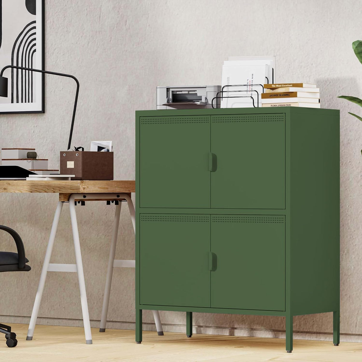 YAUWOH Metal Locker Storage Cabinet with 4 Doors and 3 Shelves，39.96" Tall Steel Office Storage Cabinet for Office,Home,Garage,Gym,School YAUWOH