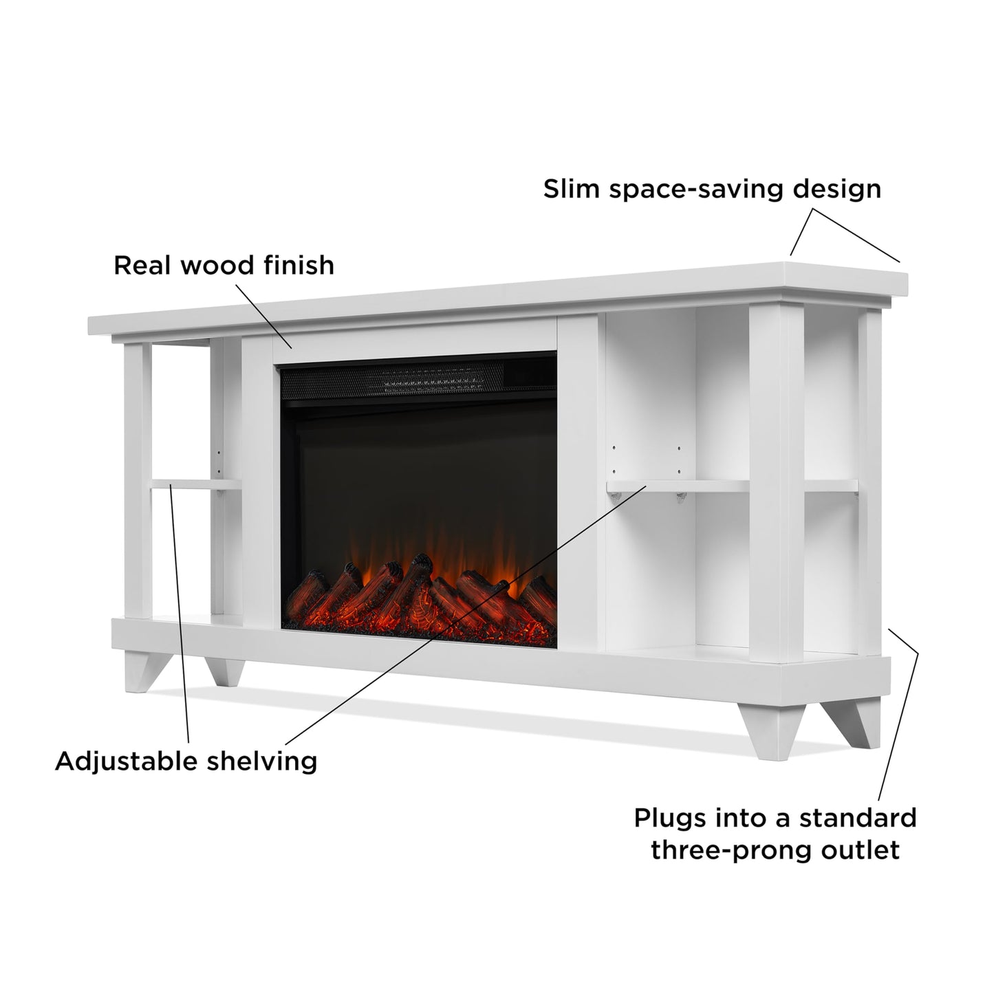 Real Flame Penrose 58" Slim Electric Fireplace TV Stand for TVs up to 55 inches, Entertainment Center with Adjustable Shelves and Storage, TV Stand for Living Room and Bedroom, Remote Control, White