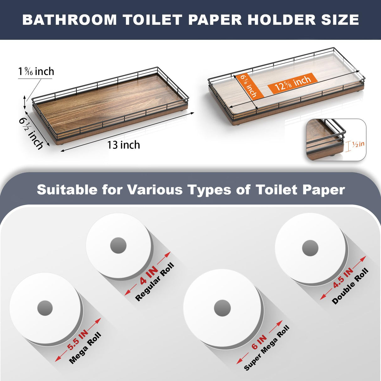 Acacia Bathroom Toilet Tank Tray, 13" Wood Toilet Paper Storage Basket Back of Toilet Basket Organizer, Vanity Tray for Perfume Makeup Candle Kitchen Counter Coffee Table Decor Focusonit