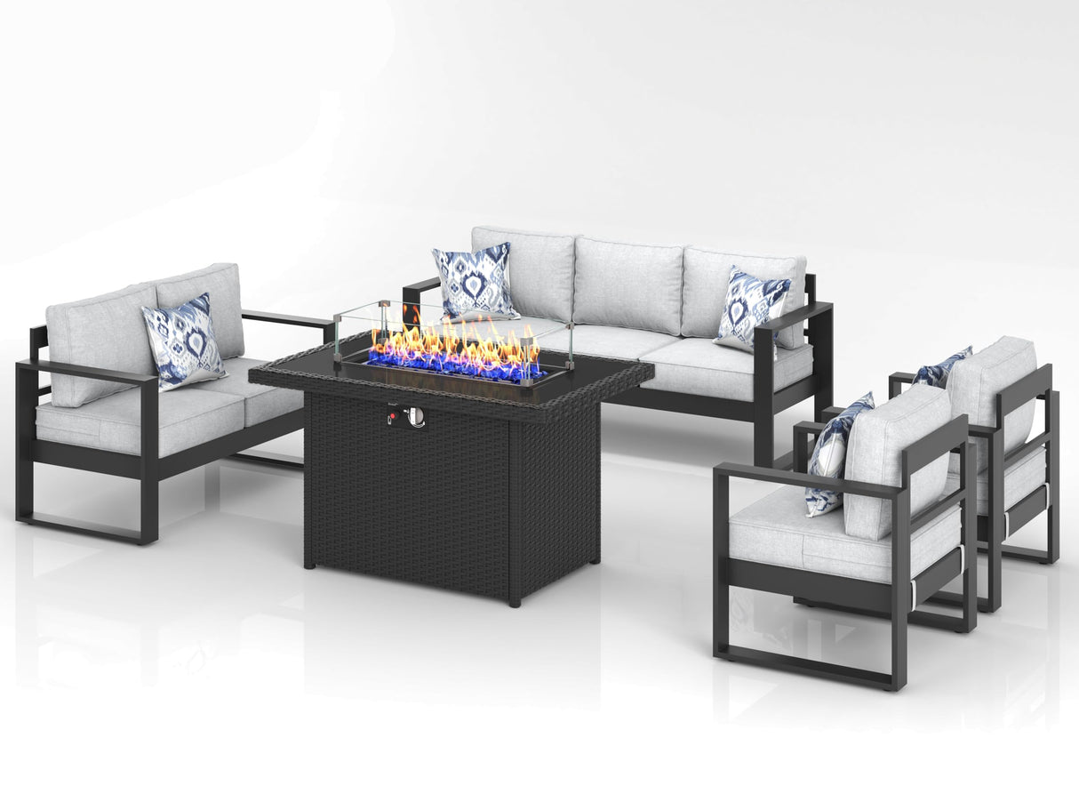 KHOLH 5 Piece Modern Aluminum Patio Furniture Set with Fire Pit Table, Outdoor Patio Sectional Conversation Metal Seating Sets with Olefin Cushion KHOLH