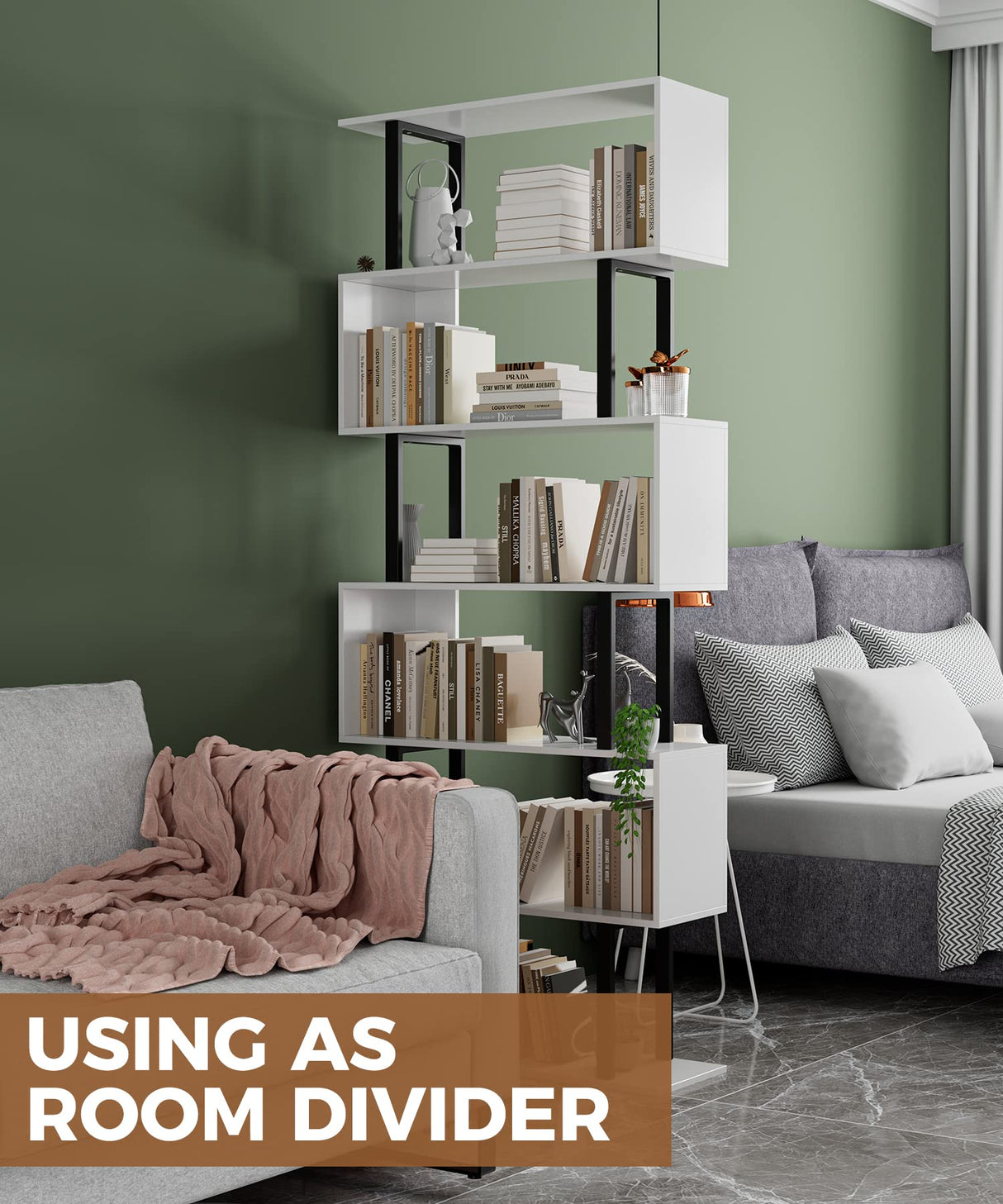 Gadroad 6-Tier S-Shaped Geometric Bookcase in White - Modern Decorative Storage Shelving for Home Gadroad