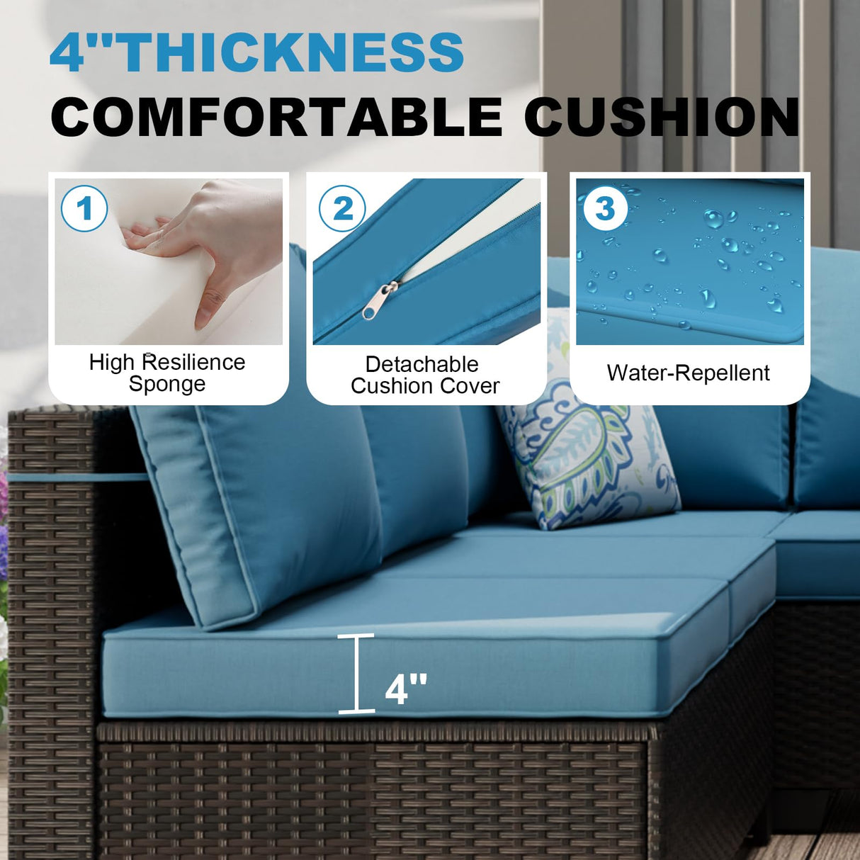 Peacabo 8 Piece Outdoor Patio Furniture Set with Fire Pit Table, Wicker Sectional Sofa Set with Thick Cushions, Perfect for Garden Lawn Pool or Backyard, (Brown/Peacock Blue) Peacabo