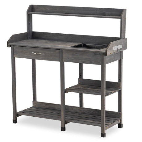 MCombo Potting Bench, Outdoor Garden Potting Table with Dry Sink, Drawer, Storage Shelves, Natural Wooden Work Station for Patio, Backyard and Porch 0458 (Grey) MCombo
